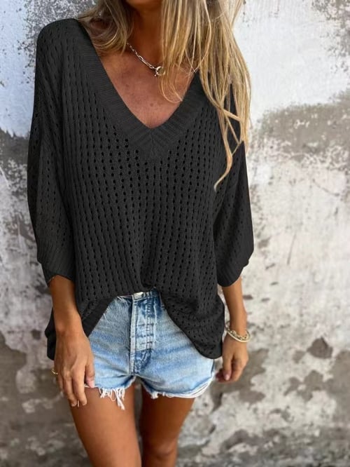 🔥Hot Sale 49% OFF🔥V-neck Hollow Knitted Top🍀-5