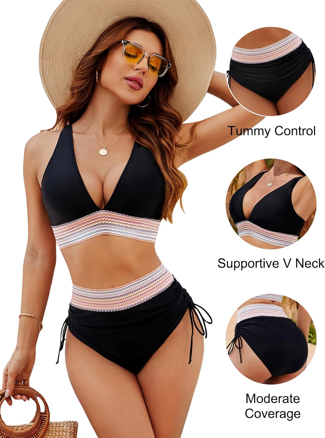 💃Vacation Sale 49% OFF💃High Waisted Tummy Control Color Block Bikini Sets-5