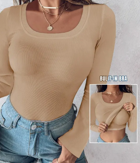 🎁Last Day Promotion 49% Off🔥U-Neck Built-in Bra Long Sleeve Ribbed Top-1