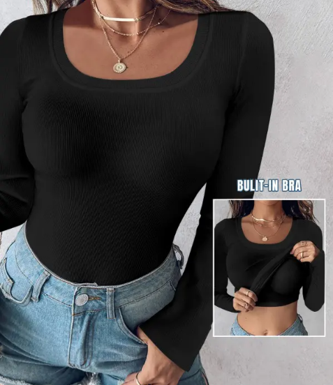 🎁Last Day Promotion 49% Off🔥U-Neck Built-in Bra Long Sleeve Ribbed Top-6