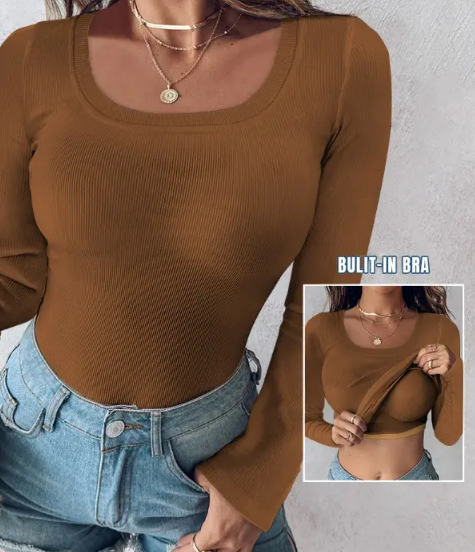 🎁Last Day Promotion 49% Off🔥U-Neck Built-in Bra Long Sleeve Ribbed Top-9