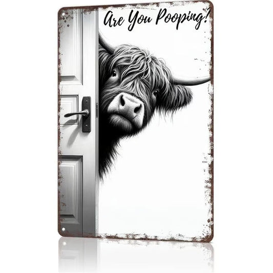⏳LAST DAY SALE 49% OFF🔥Vintage Highland Cow Aluminum Sign: Funny "Are You Pooping?" Black and White Bathroom Wall Decor