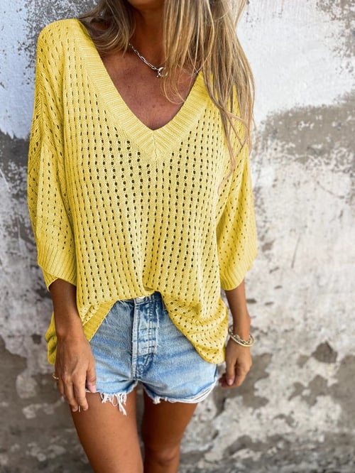 🔥Hot Sale 49% OFF🔥V-neck Hollow Knitted Top🍀-3