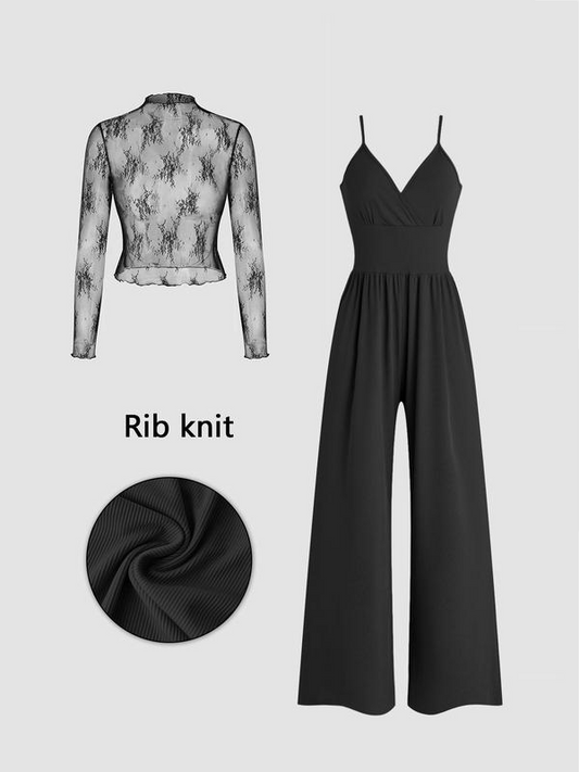 👍 Letzter Tag: 50 % Rabatt 🎅 Zweiteiliges Set für Damen: Spitzen-Top und Jumpsuit mit Taschen