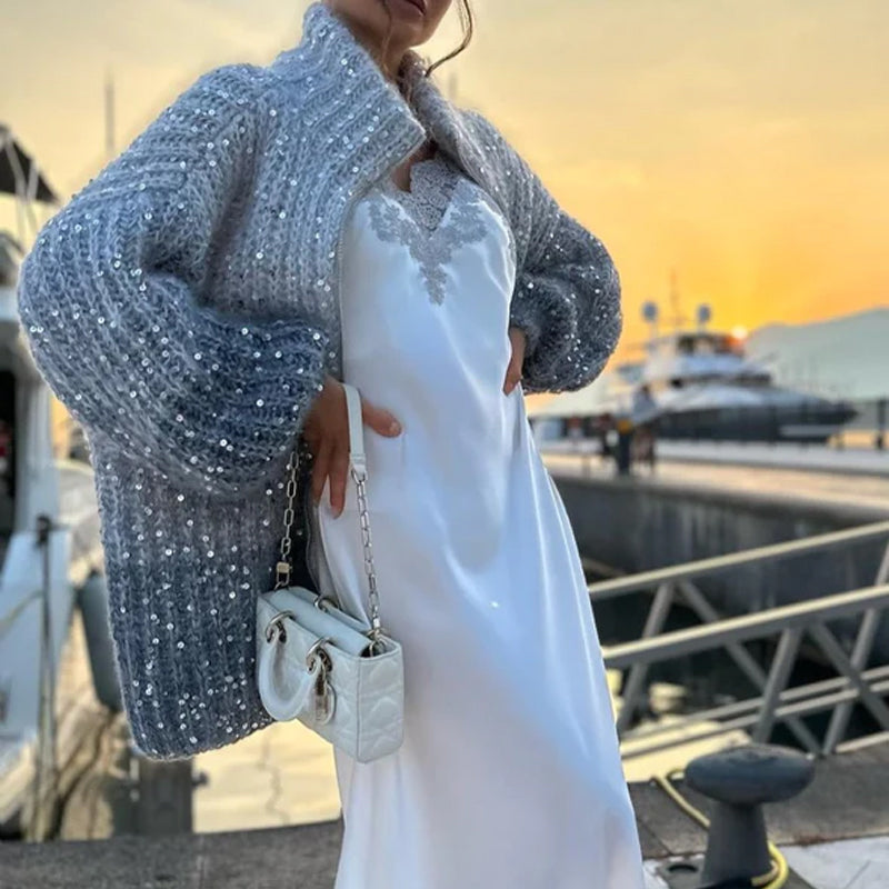 🔥🖤Black Friday Sale:50% OFF🔥Knitted Sweater Jacket With Monochromatic Sequins-10