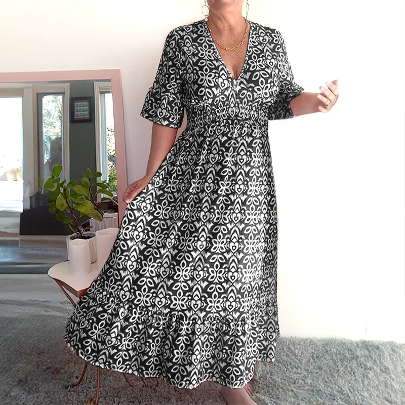 🌸Hot Sale - 49% OFF🌸Bohemian Casual Print V-neck Waist Wrap Long Dress-4