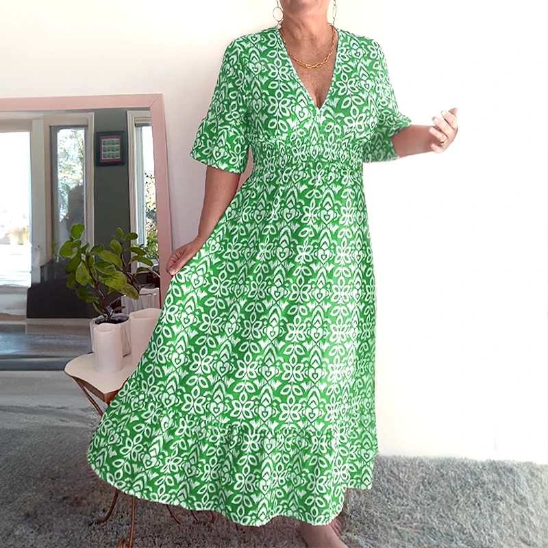 🌸Hot Sale - 49% OFF🔥Bohemian Casual Print V-neck Waist Wrap Long Dress-9