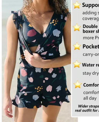 🎉Vacation Sale 49% OFF✨️Swim Romper Built-in Bra & Shorts with Pockets-1