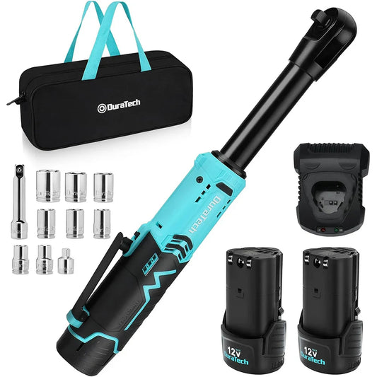 DURATECH Verlängerter Akku-Ratschenschlüssel, 3/8" 12 V, 44 ft-lbs, langer Hals, elektrischer Ratschenschlüssel, 10 Steckschlüsseleinsätze, Zubehör
