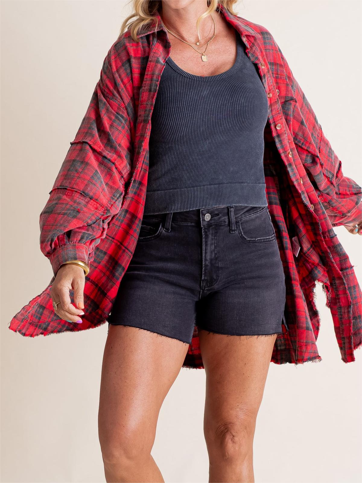 🏆Women's Mineral Washed Button Down Plaid Shirt-1