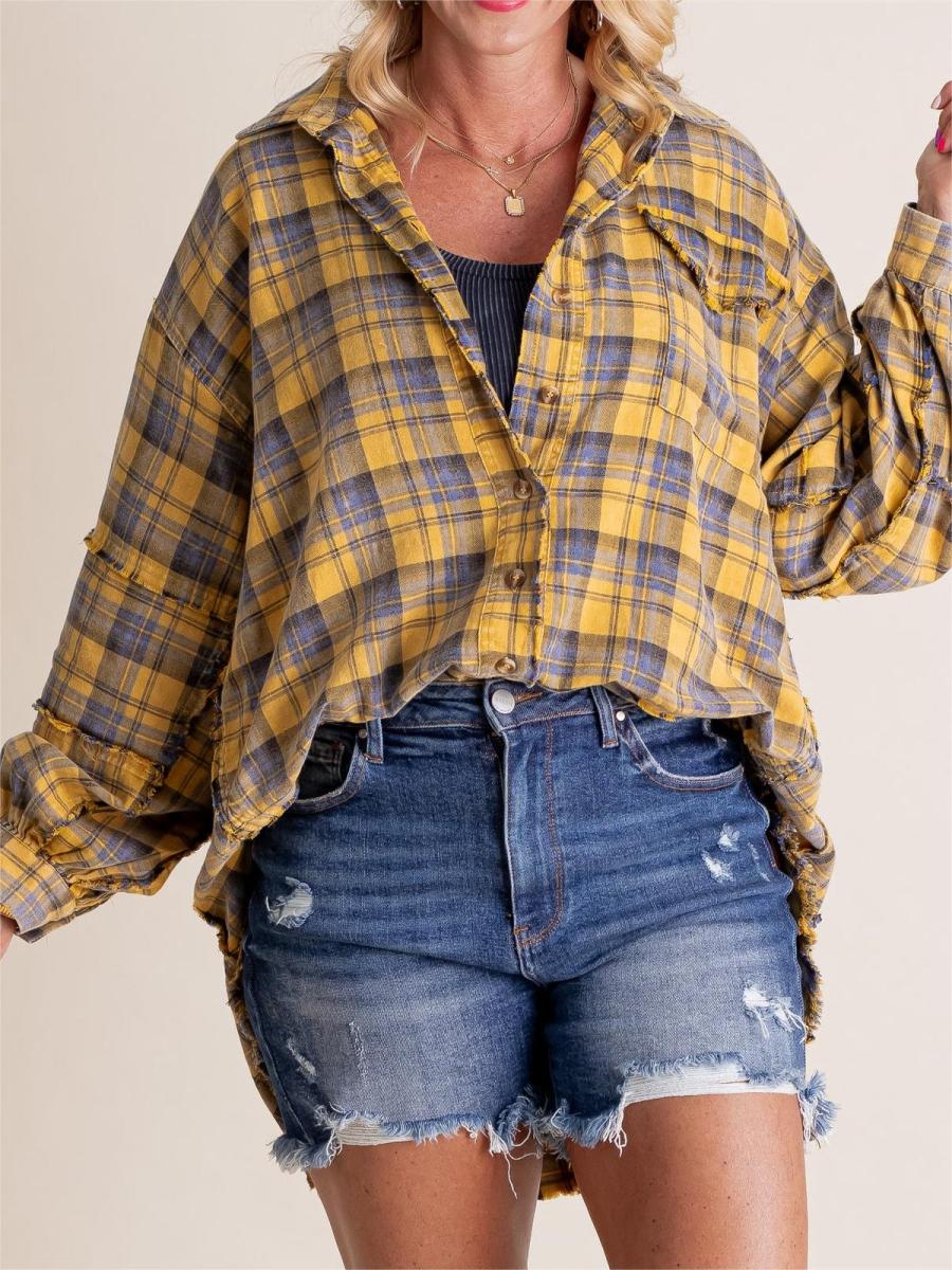 🏆Women's Mineral Washed Button Down Plaid Shirt-9