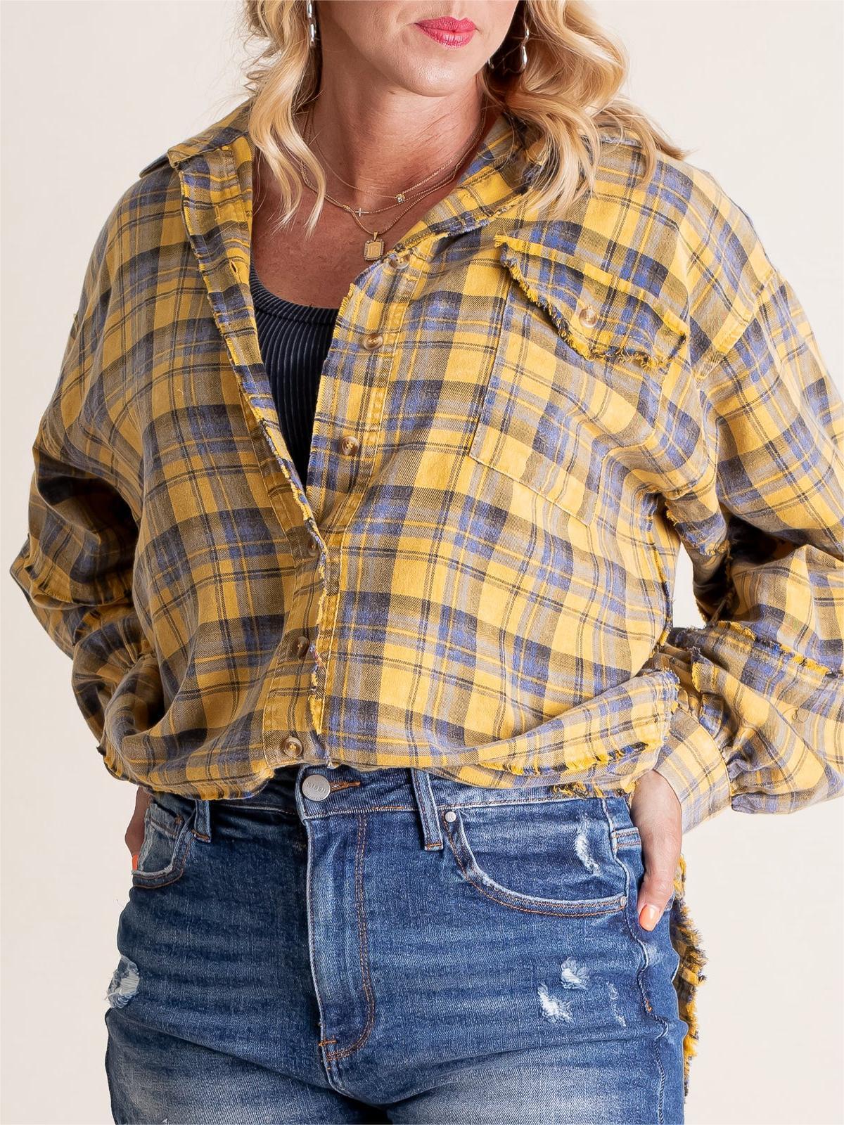 🏆Women's Mineral Washed Button Down Plaid Shirt-8