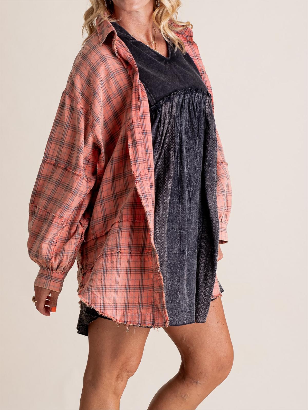 🏆Women's Mineral Washed Button Down Plaid Shirt-4