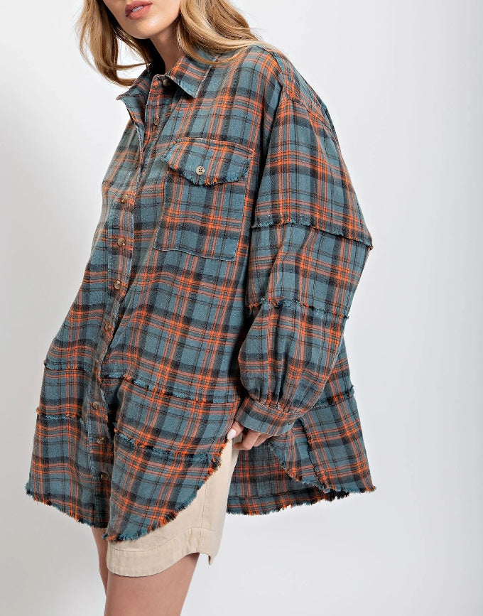 🏆Women's Mineral Washed Button Down Plaid Shirt-13