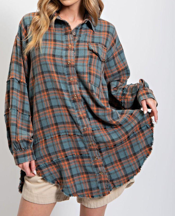 🏆Women's Mineral Washed Button Down Plaid Shirt-14