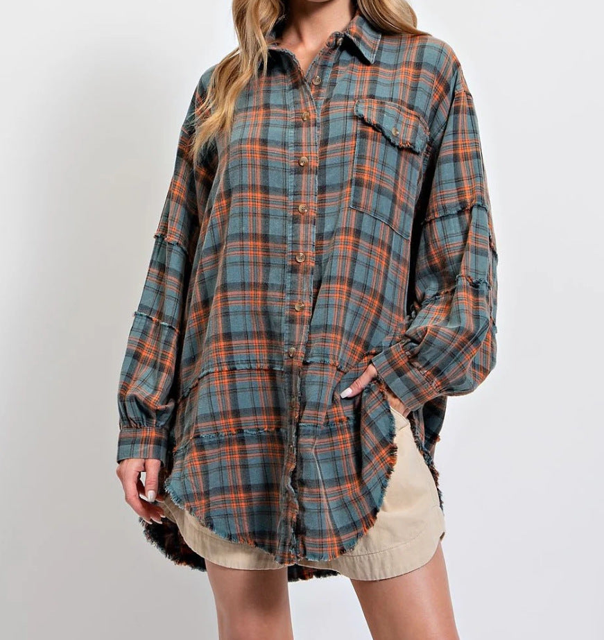 🏆Women's Mineral Washed Button Down Plaid Shirt-12