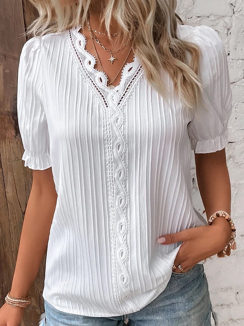🔥HOT SALE 49% OFF🔥V Neck Plain Lace Elegant Shirt-2