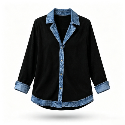 🔥Heißer Verkauf 60% Rabatt✨👚Damen Hemd mit Geripptem Strick & Denim Mix - Lässiger Chic für jeden Tag🎁