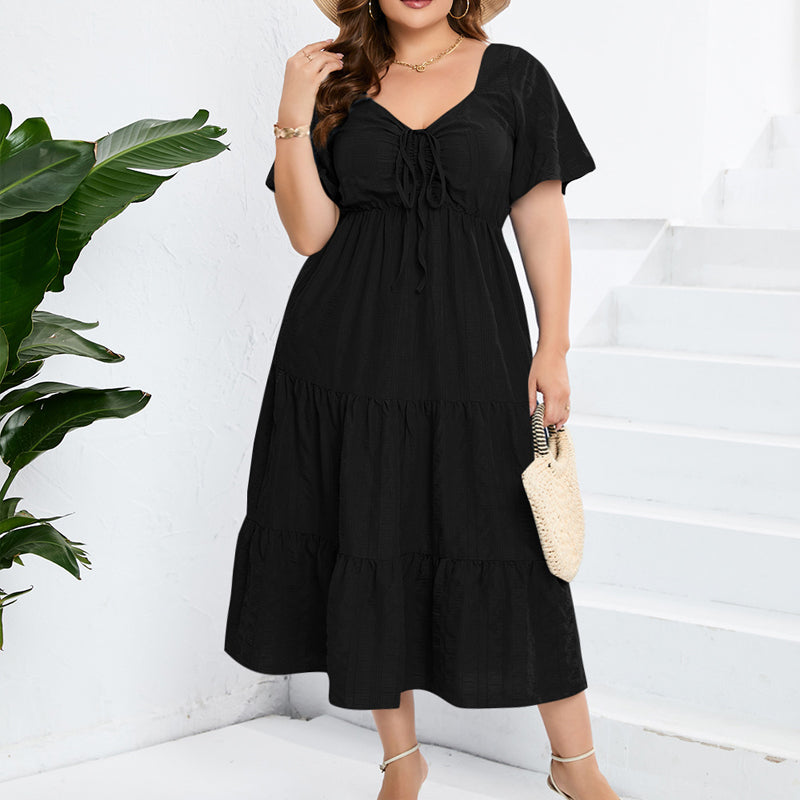 Women's Drawstring Pocket Ruffle Tiered Dress-3