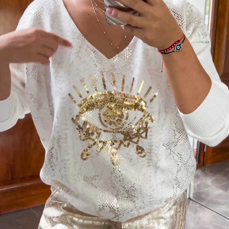 🌷LAST DAY SALE 49% OFF💝Devil's Eye Gold Foil Top and Sequin Pants Set-5