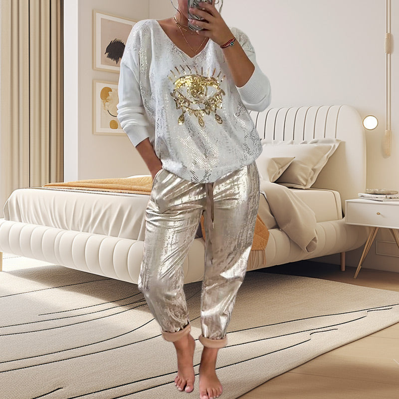 🌷LAST DAY SALE 49% OFF💝Devil's Eye Gold Foil Top and Sequin Pants Set-8