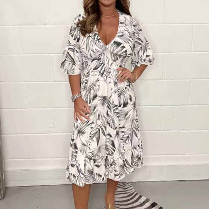 🌷💝2024 New Women's Elegant Plant Print V-Neck Dress👗 (Because this style is so popular, we have specially processed it to launch a tropical summer style!) Free shipping~-2