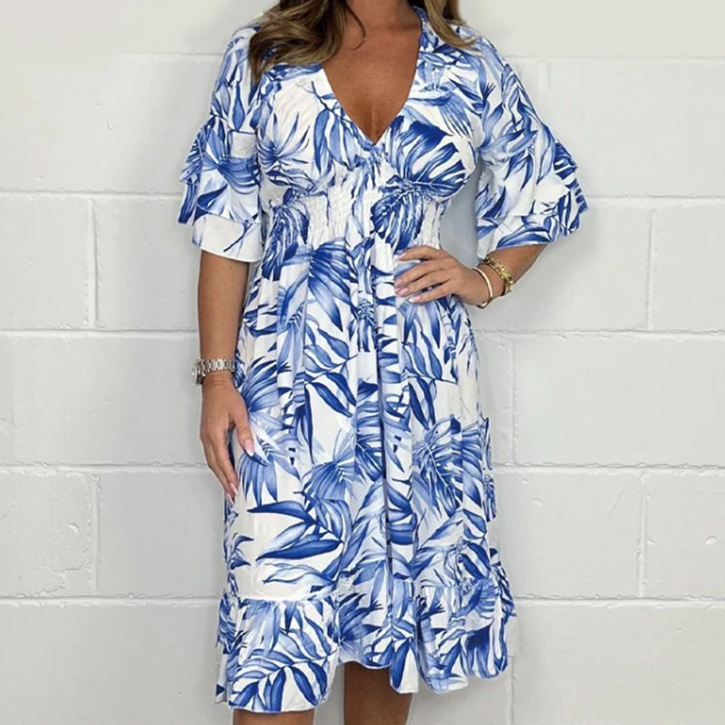 🌷💝2024 New Women's Elegant Plant Print V-Neck Dress👗 (Because this style is so popular, we have specially processed it to launch a tropical summer style!) Free shipping~-1