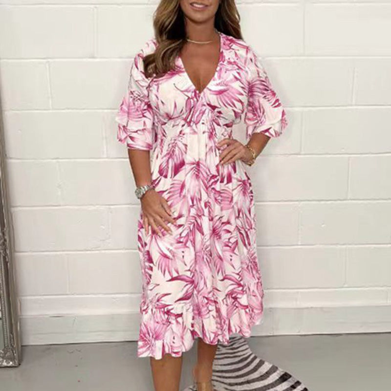 🌷💝2024 New Women's Elegant Plant Print V-Neck Dress👗 (Because this style is so popular, we have specially processed it to launch a tropical summer style!) Free shipping~-5