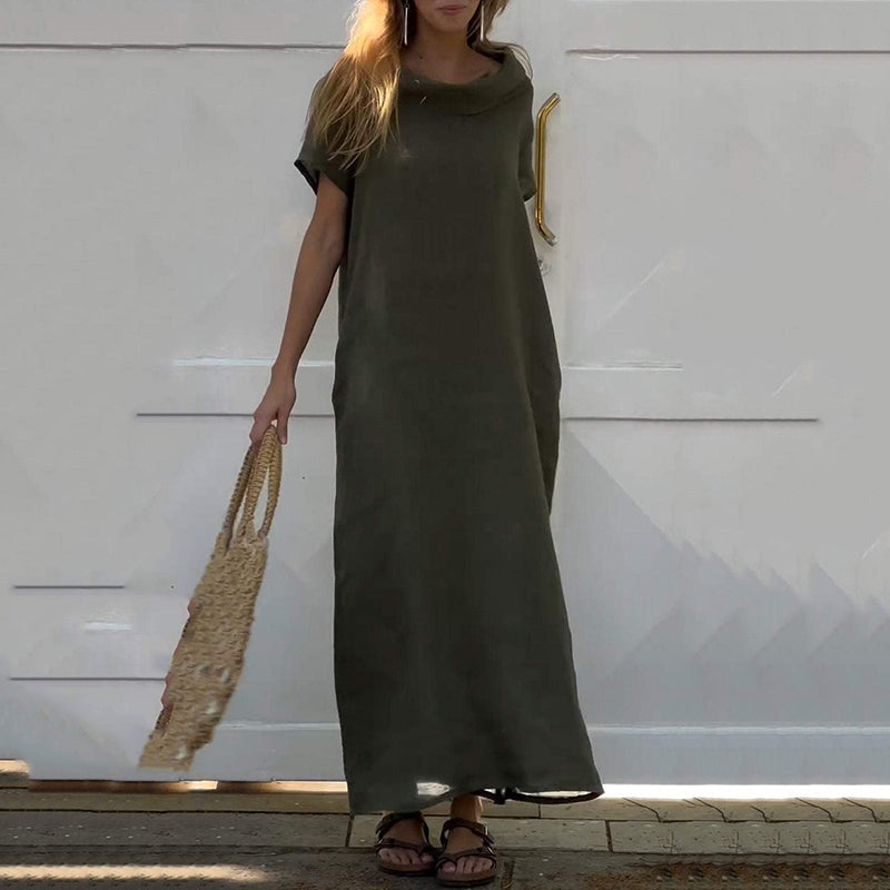 💃Women’s Cowl Neck Cotton and Linen Casual Dress-8