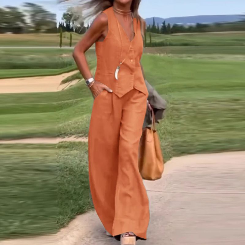 💕Solid Color Button Down Vest and Wide Leg Pants 2 Piece Set for Women-4