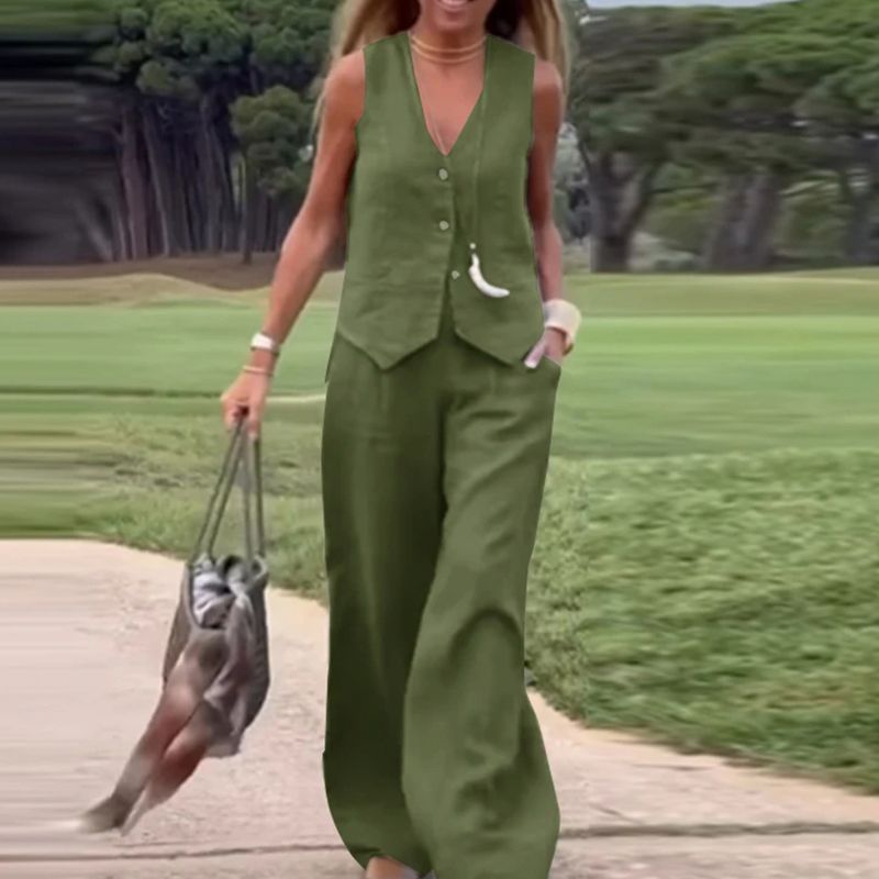 💕Solid Color Button Down Vest and Wide Leg Pants 2 Piece Set for Women-2