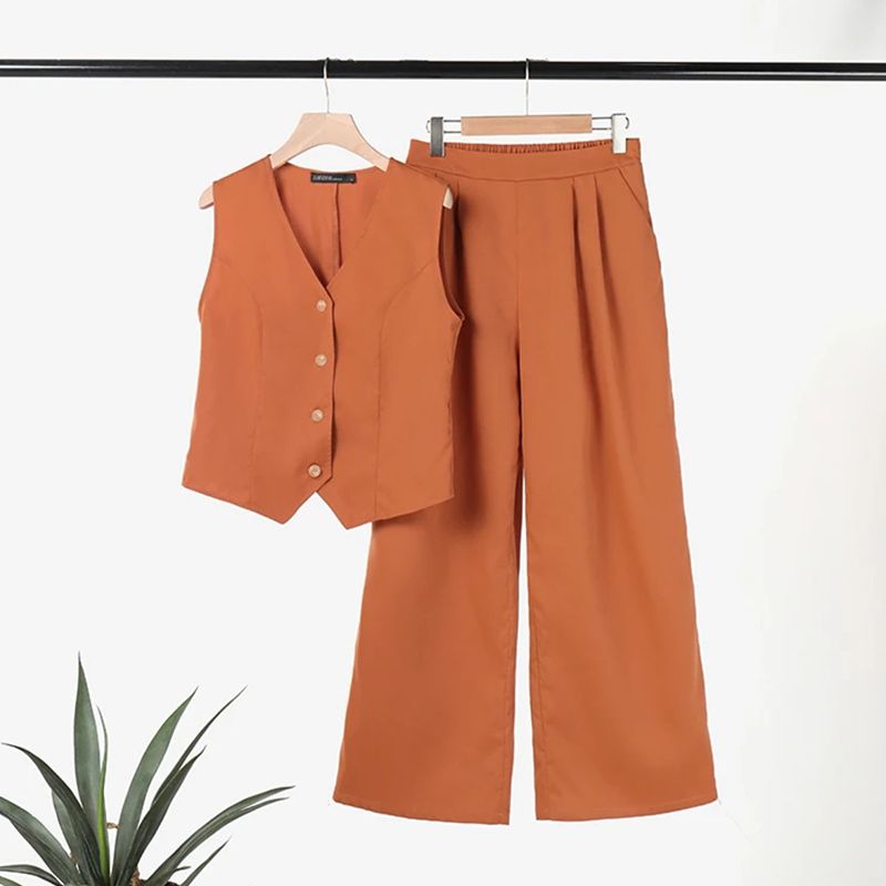 💕Solid Color Button Down Vest and Wide Leg Pants 2 Piece Set for Women-7