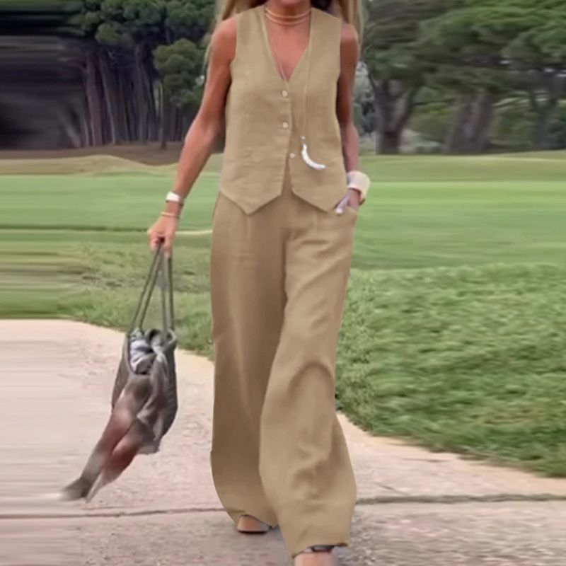 💕Solid Color Button Down Vest and Wide Leg Pants 2 Piece Set for Women-11