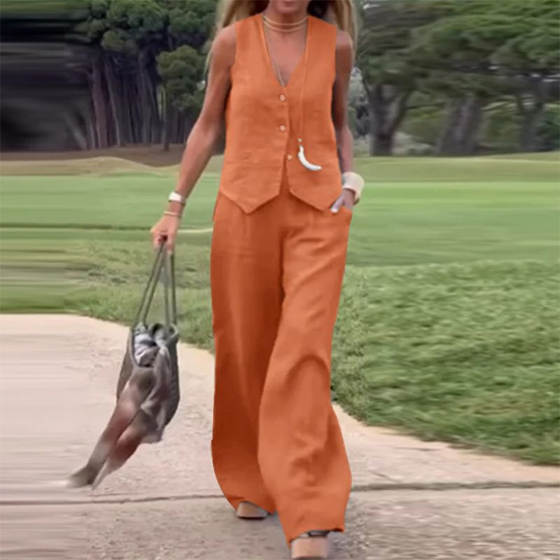 💕Solid Color Button Down Vest and Wide Leg Pants 2 Piece Set for Women-10