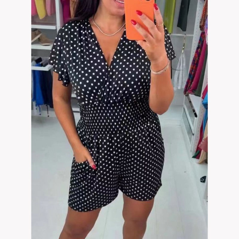 💕LAST DAY SALE 49% OFF💕Polka Dot V-Neck One-piece Shorts Jumpsuit-1