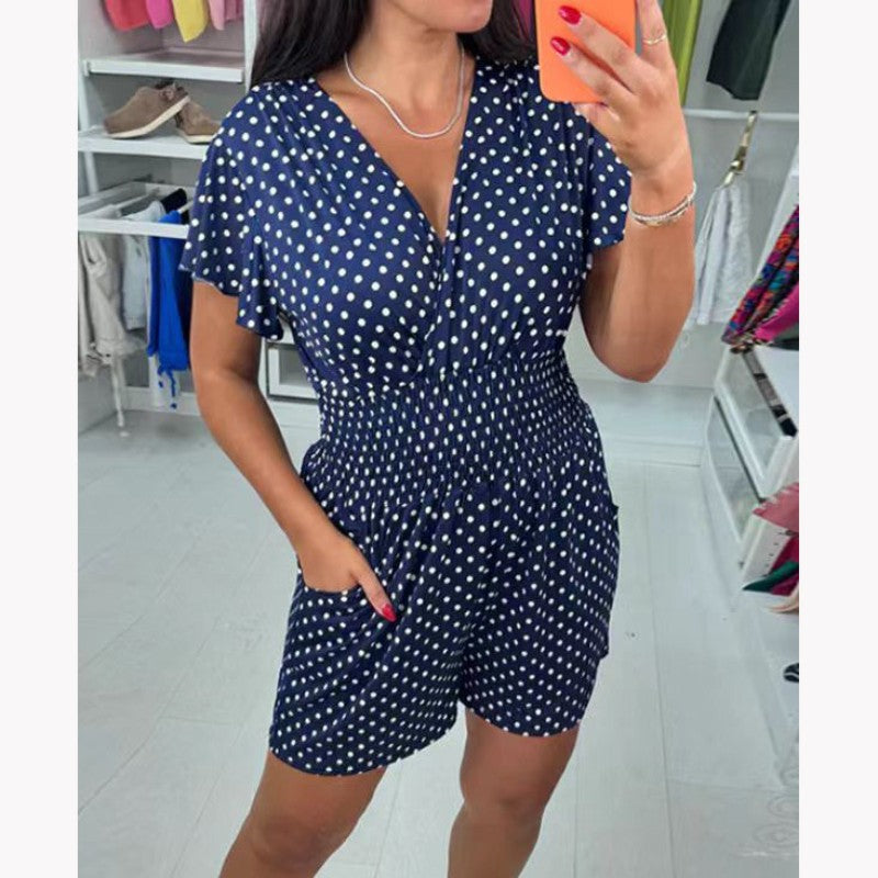 💕LAST DAY SALE 49% OFF💕Polka Dot V-Neck One-piece Shorts Jumpsuit-2