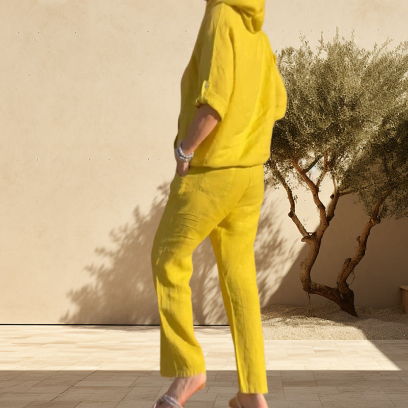 Casual Hooded Cotton and Linen Two-Piece Suit-2