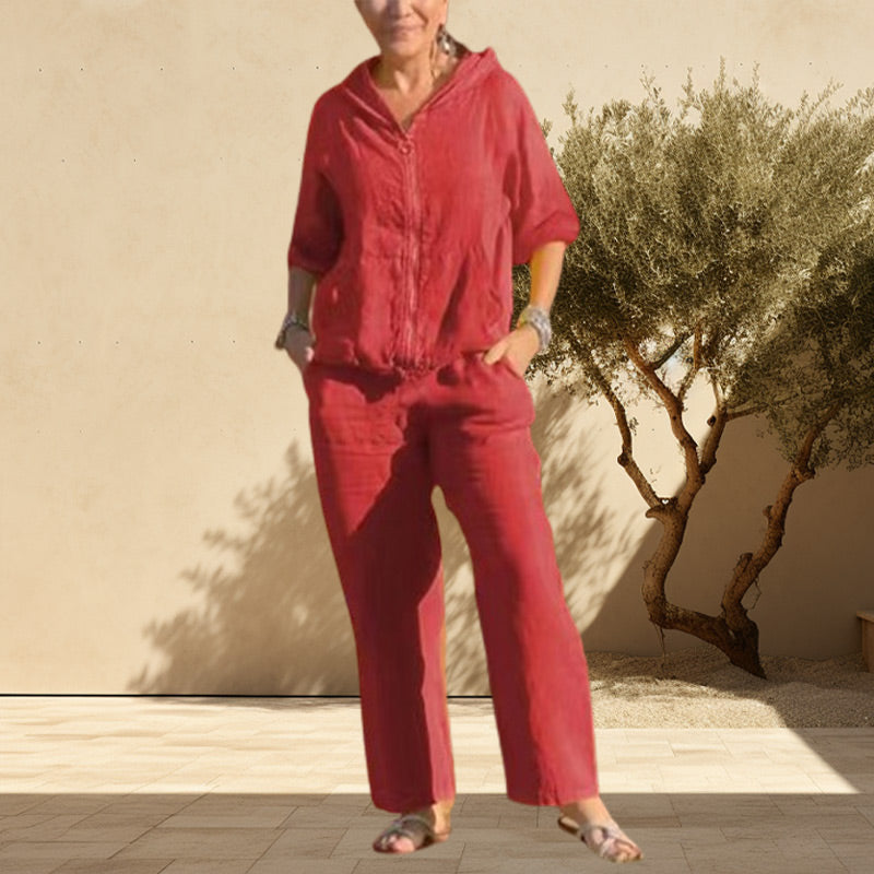 Casual Hooded Cotton and Linen Two-Piece Suit-6