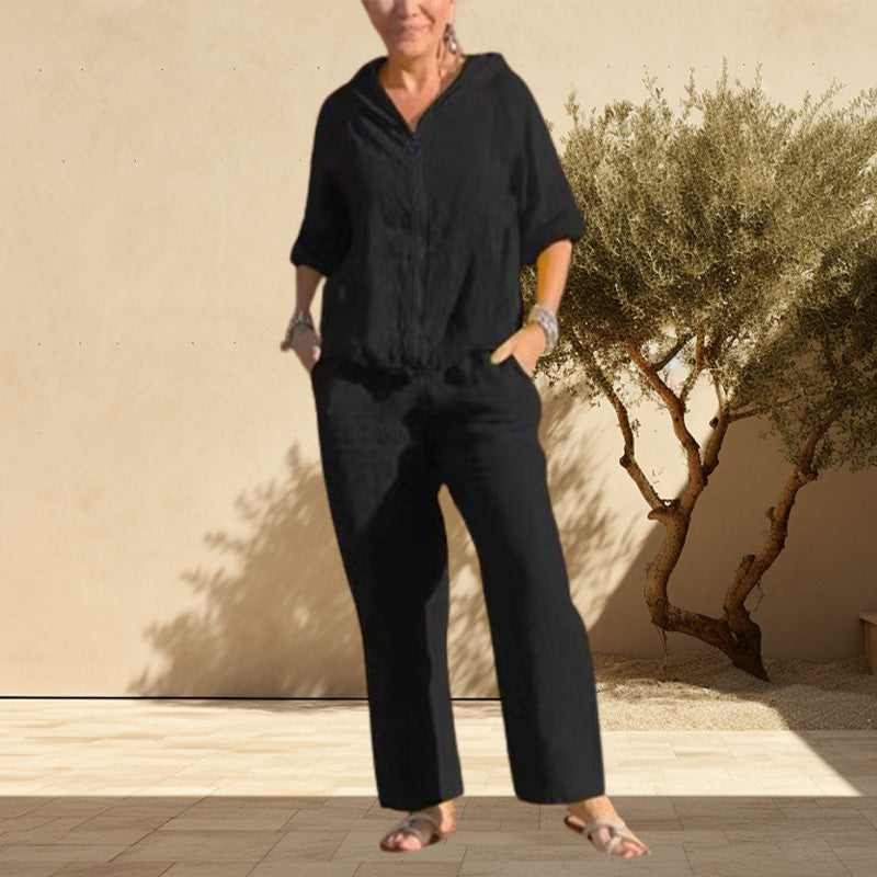 Casual Hooded Cotton and Linen Two-Piece Suit-5