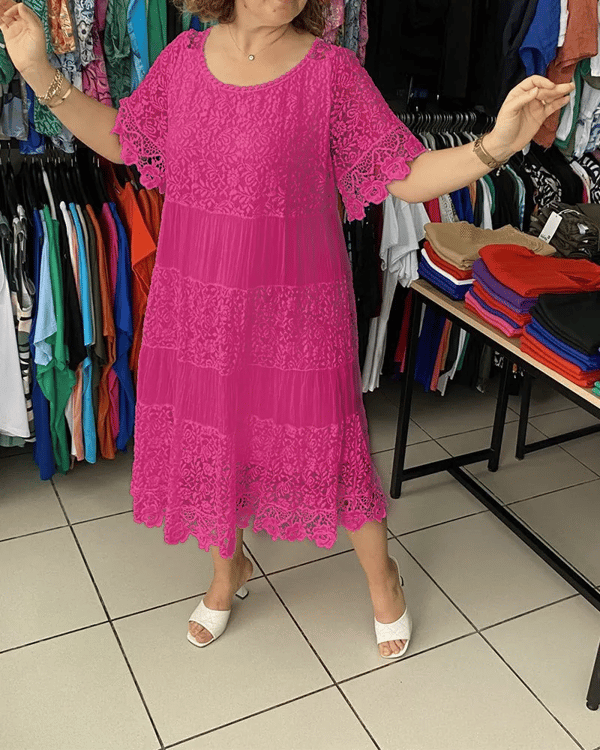 Solid Color Short Sleeve Lace Dress-2