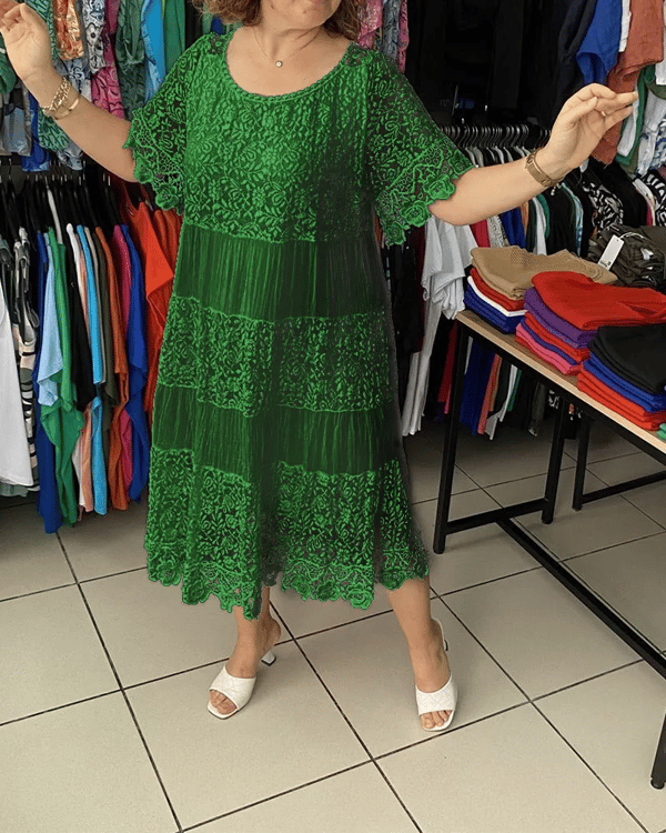 Solid Color Short Sleeve Lace Dress-5