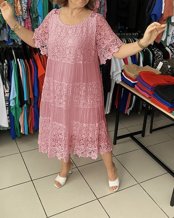 Solid Color Short Sleeve Lace Dress-12