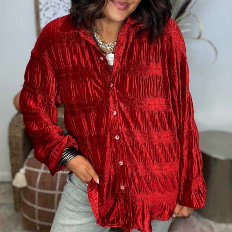 🎁Hot Sell 49% Off🔥2024 New Women's Shirred Velvet Button Down Top-2