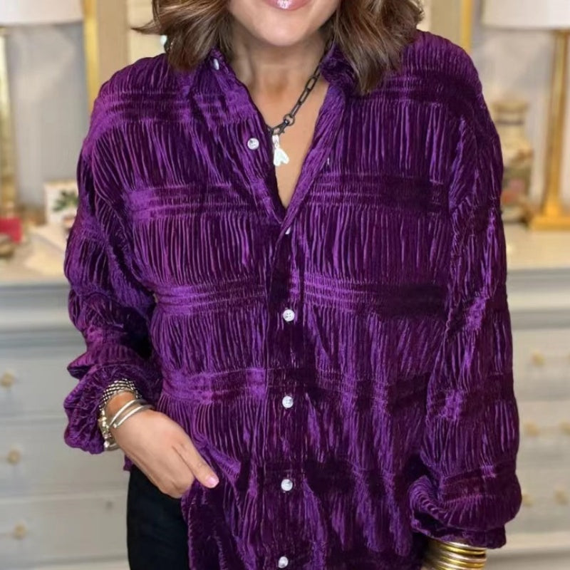 🎁Hot Sell 49% Off🔥2024 New Women's Shirred Velvet Button Down Top-3