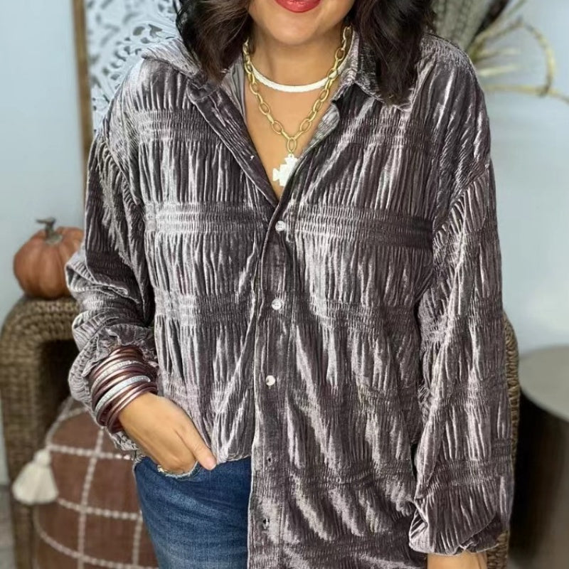 🎁Hot Sell 49% Off🔥2024 New Women's Shirred Velvet Button Down Top-4