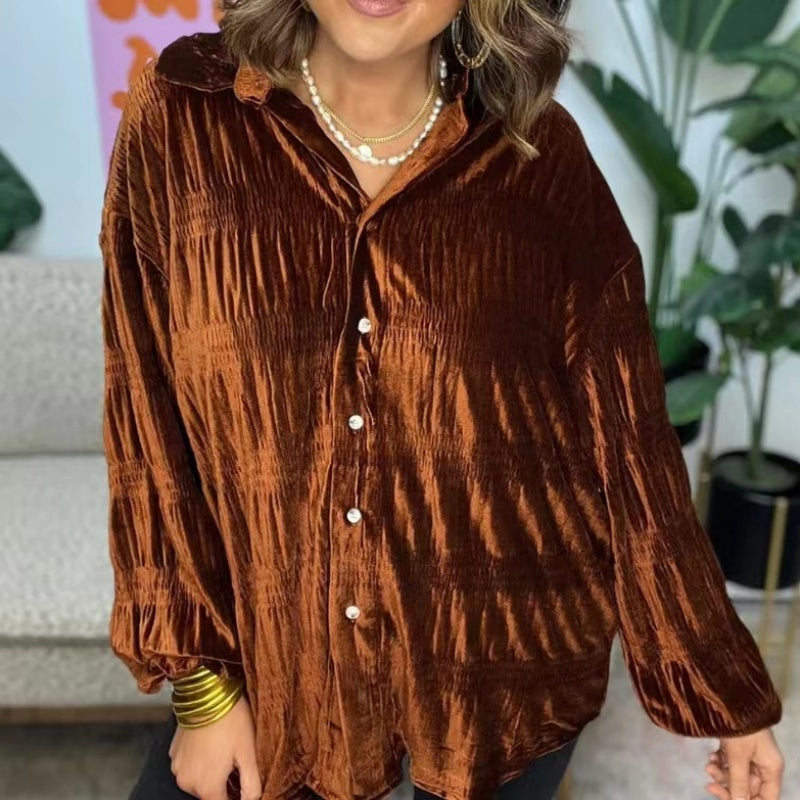 🎁Hot Sell 49% Off🔥2024 New Women's Shirred Velvet Button Down Top-5