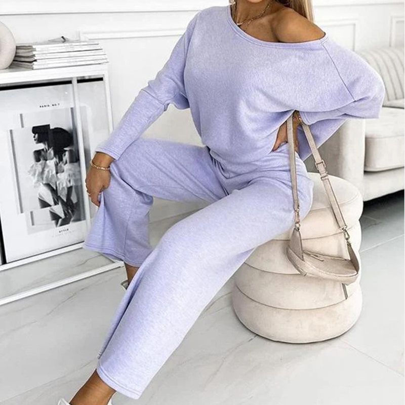 🌷Last Day Promotion 49% Off✨Women's Solid Color Drop Shoulder Pullover and Loose Pants Set-4