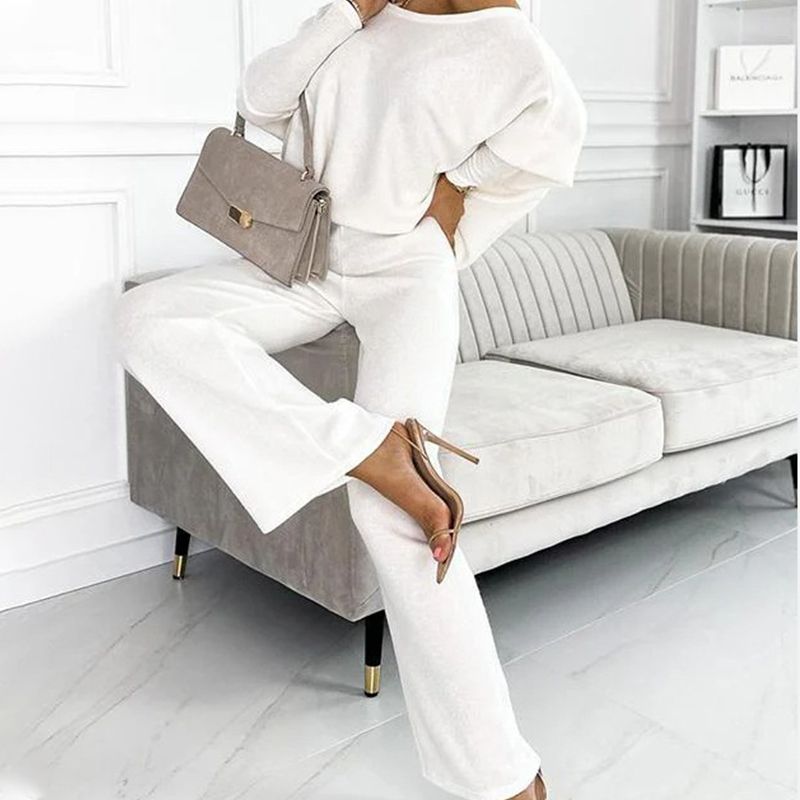 🌷Last Day Promotion 49% Off✨Women's Solid Color Drop Shoulder Pullover and Loose Pants Set-6