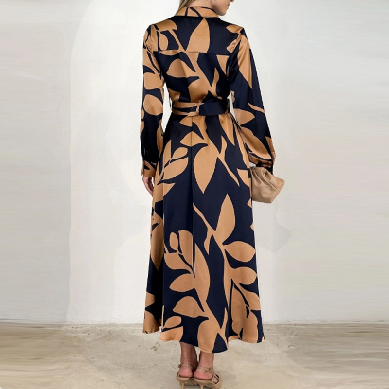 🎁Limited Sale 50% OFF💕Women’s Lapel Long-Sleeve Print Dress with Belt💃-3