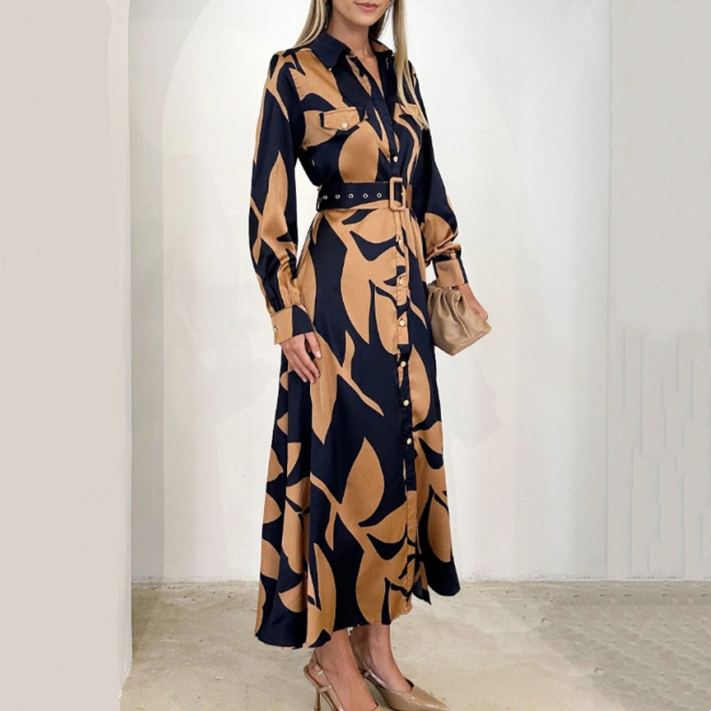 🎁Limited Sale 50% OFF💕Women’s Lapel Long-Sleeve Print Dress with Belt💃-2